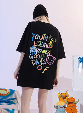 YEP黑色下衣失踪t恤女大版短袖夏季宽松oversize美式复古体恤上衣