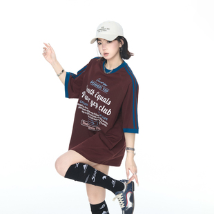 复古街头风情侣半袖 2026夏季 T恤女美式 撞色宽松印花短袖 上衣 新款