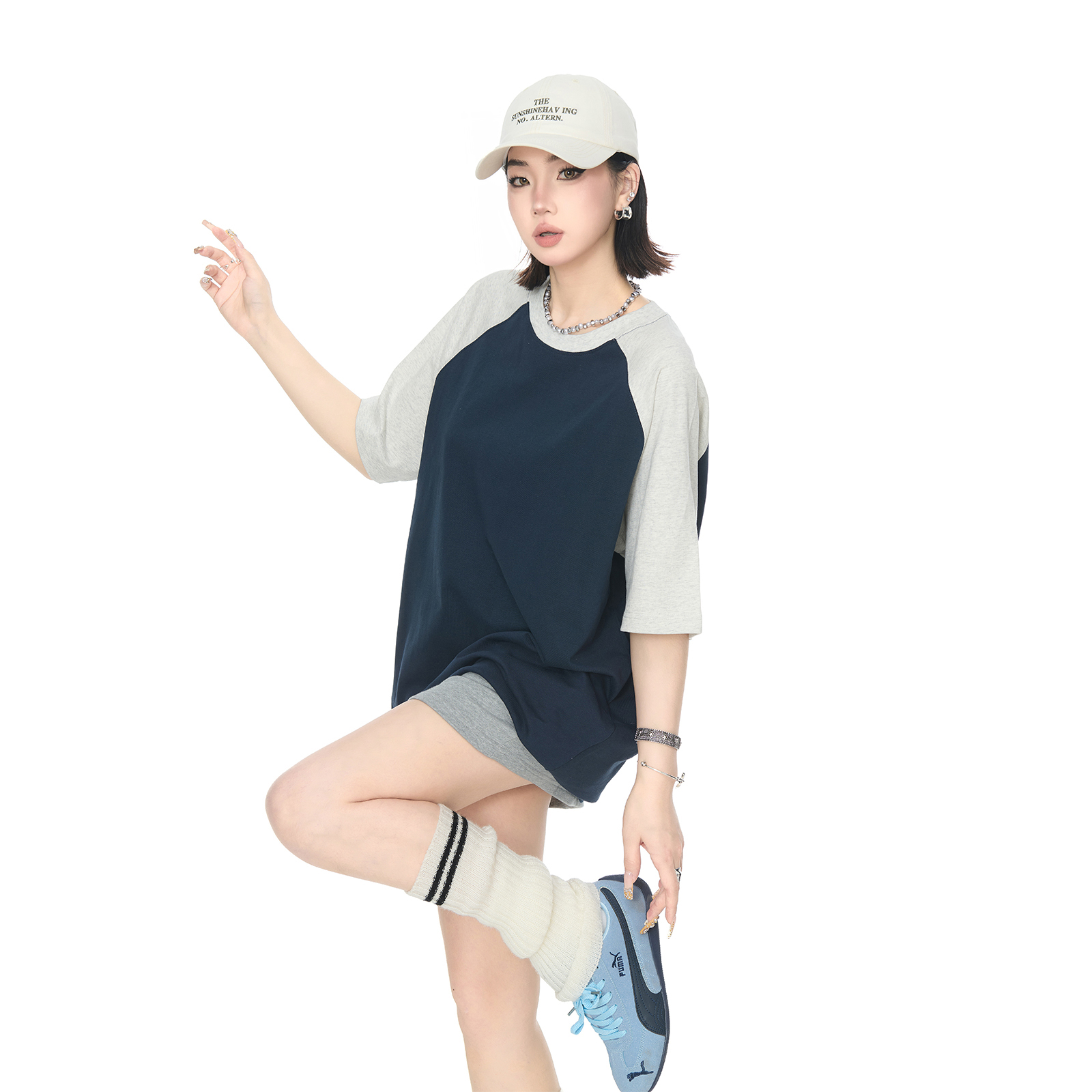 2025夏装新款纯棉拼色宽松T恤男女同款ins风潮牌短袖上衣7色可选