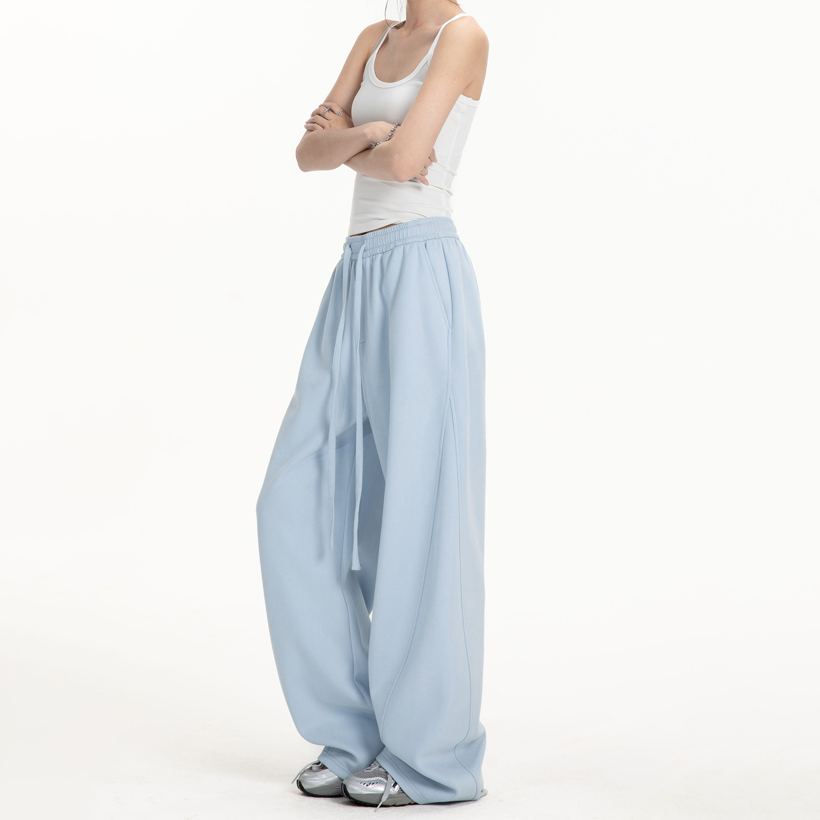 2025夏季新款多巴胺纯色直筒阔腿运动卫裤男女同款垂感宽松休闲裤