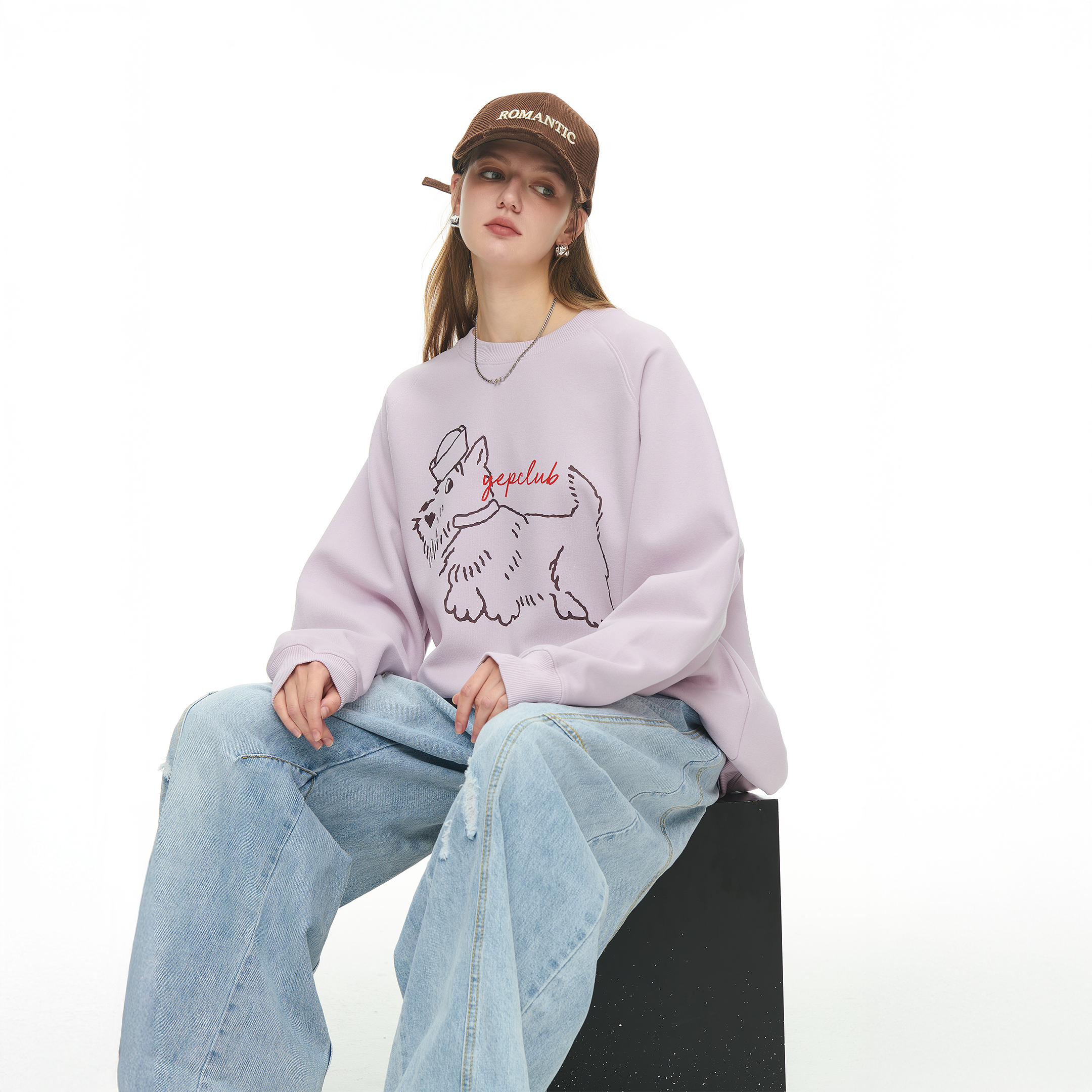 美式复古小狗印花淡紫色圆领卫衣秋季新款宽松慵懒风情侣套头上衣