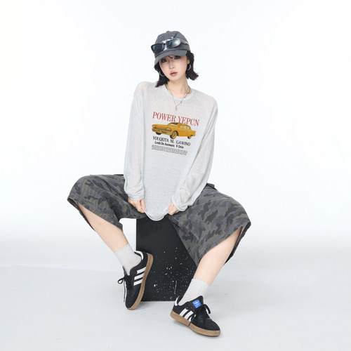 清仓粉色镂空V领长袖T恤上衣女夏季2025新款美式复古玫瑰印花罩衫