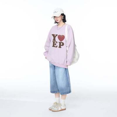 YEP春秋新款浅紫色印花圆领卫衣女宽松外套美式街头套头上衣