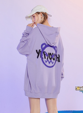 yep紫色美式复古小熊卫衣女hiphop宽松炸街连帽春秋欧美外套潮牌