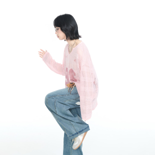 复古数字印花宽松罩衫 粉色镂空V领长袖 美式 T恤上衣女夏季 2025新款