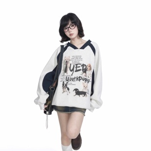 小V领套头插肩袖 2025新款 无帽上衣 复古拼接印花卫衣女春季 YEP美式