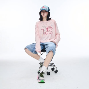 T恤女罩衫 复古印花宽松长袖 休闲慵懒风日常上衣 美式 2026新款