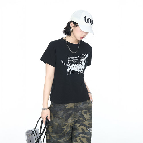 美式甜辣风正肩修身圆领短款创意印花短袖T恤女2026夏季新款上衣