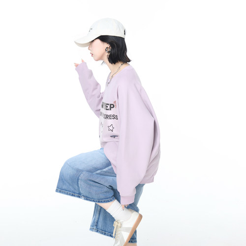 YEP美式潮牌创意印花圆领卫衣女春秋2026新款宽松情侣ins套头上衣