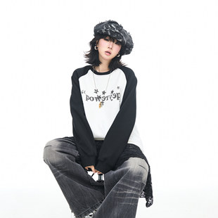 2026韩系撞色拼接黑白长袖 T恤斑点狗印花男女春秋潮搭卫衣上衣