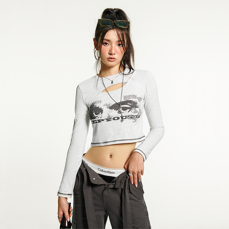 夏季美潮短款印花长袖t恤