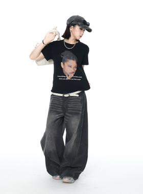 美式复古黑色泼墨牛仔裤女新款慵懒风垂感弯刀裤水洗做旧拖地裤子