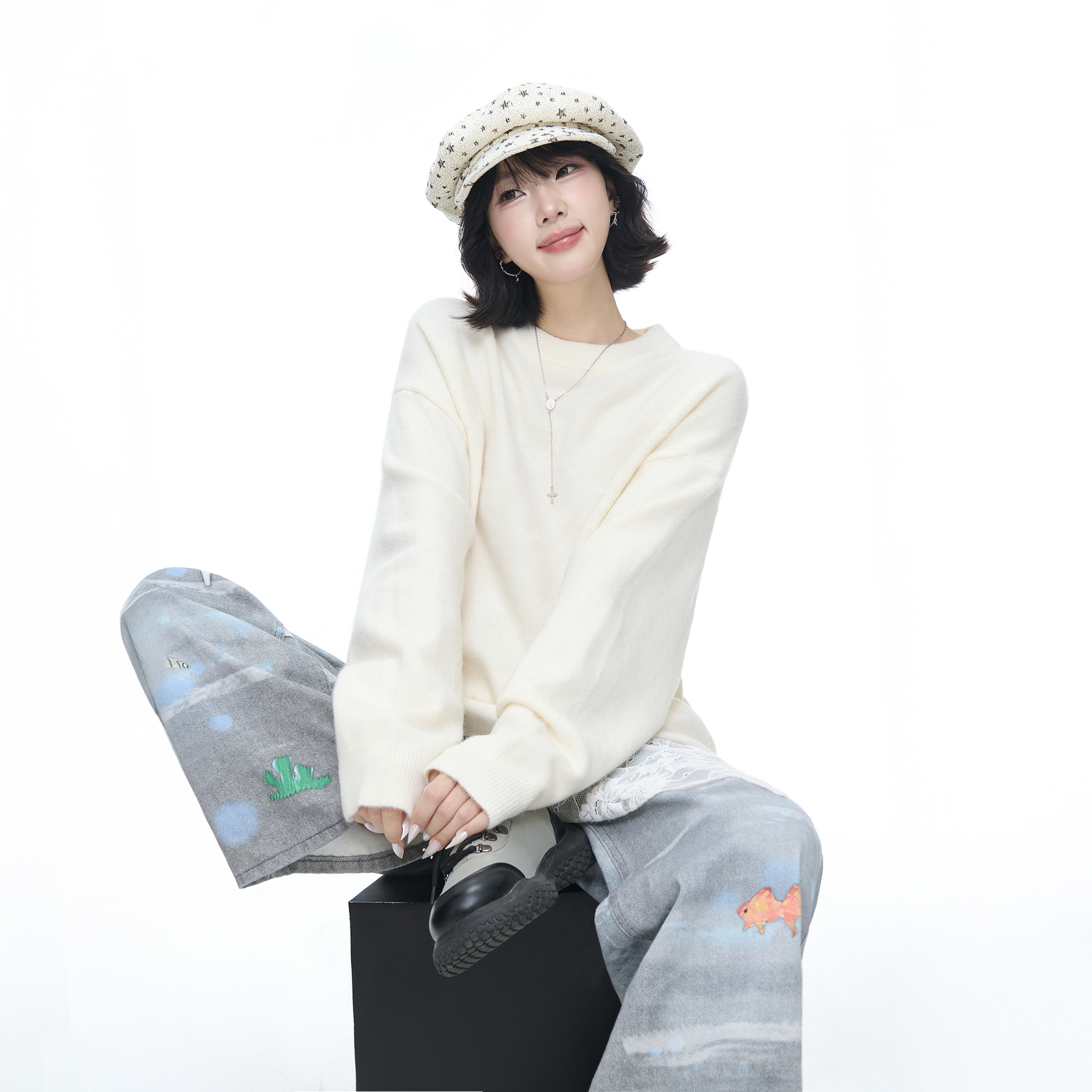 美式高街纯色圆领毛衣女秋冬新款宽松慵懒风情侣针织百搭上衣