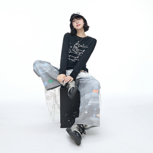 设计感修身 T恤女春秋新款 显瘦百搭上衣 潮牌趣味印花正肩长袖 美式