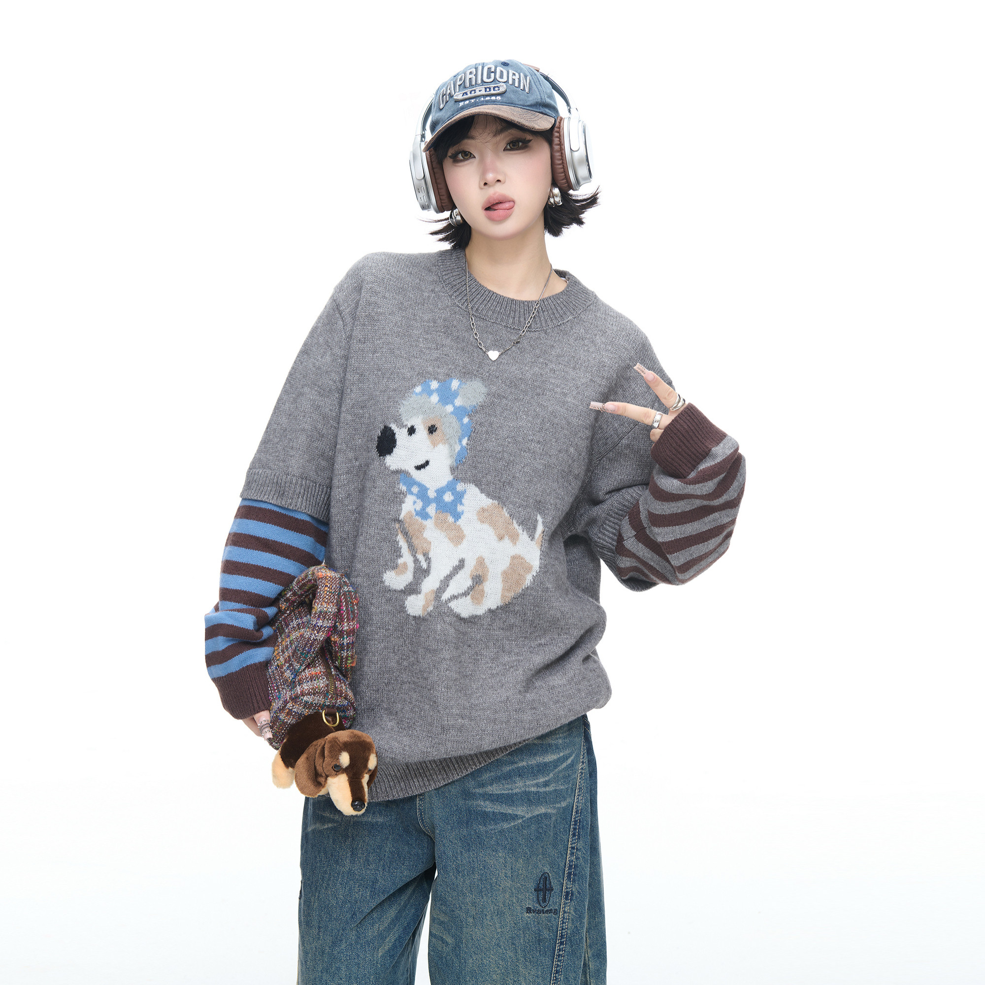 美式复古拼接假两件小狗提花毛衣女春秋新款宽松休闲情侣款针织衫,女装/女士精品,毛衣,淘宝优惠券,粉丝福利购,淘宝优惠卷