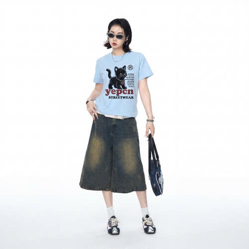 美式卡通印花正肩t恤女夏季新款修身辣妹风上衣短款显瘦复古半袖