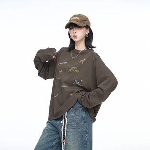 插肩袖 复古美拉德印花长袖 宽松卡通外穿打底衫 新款 上衣 t恤女春季