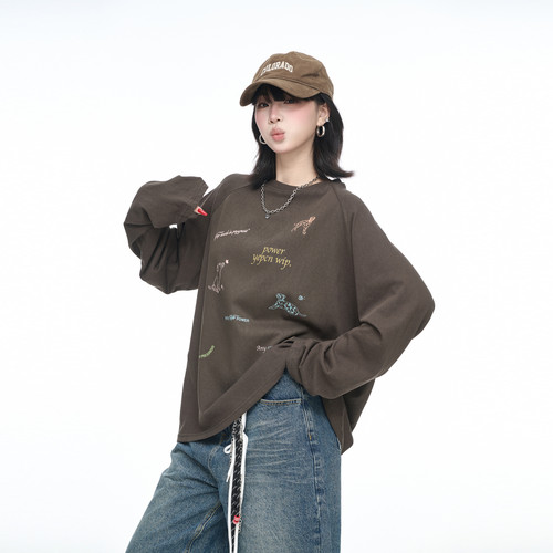 复古美拉德印花长袖t恤女春季新款宽松卡通外穿打底衫插肩袖上衣