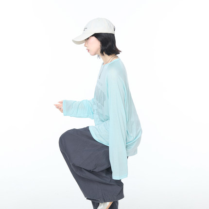 莱赛尔天丝凉感印花长袖宽松T恤女夏微透防晒罩衫慵懒松弛感上衣
