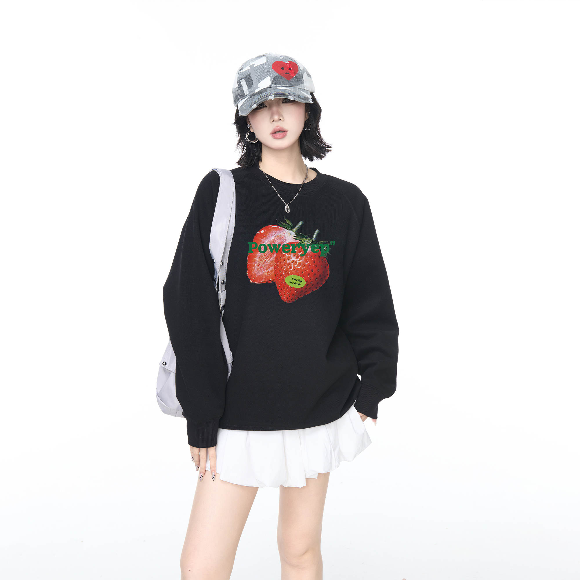 YEP美式复古草莓印花圆领卫衣外套女春秋新款潮牌情侣款宽松上衣