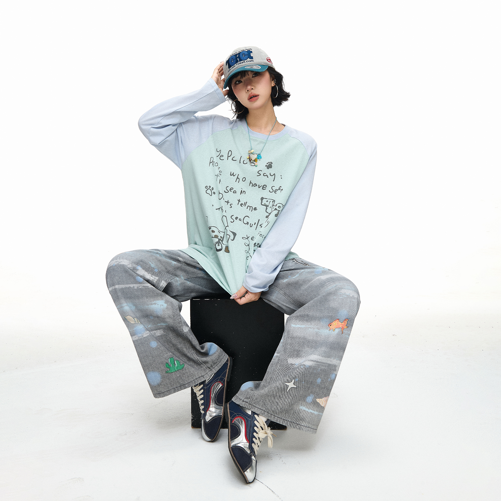 美式涂鸦印花物理防晒罩衫女春秋新款宽松显瘦慵懒风撞色长袖T恤