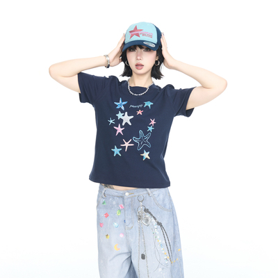 美式短款正肩修身星星印花短袖T恤女夏季2026新款甜辣风半袖上衣