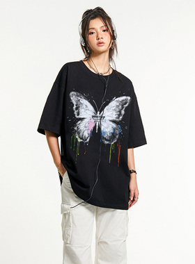 YEP蝴蝶印花短袖t恤女2025年新款夏季黑色复古半袖宽松bf潮牌上衣