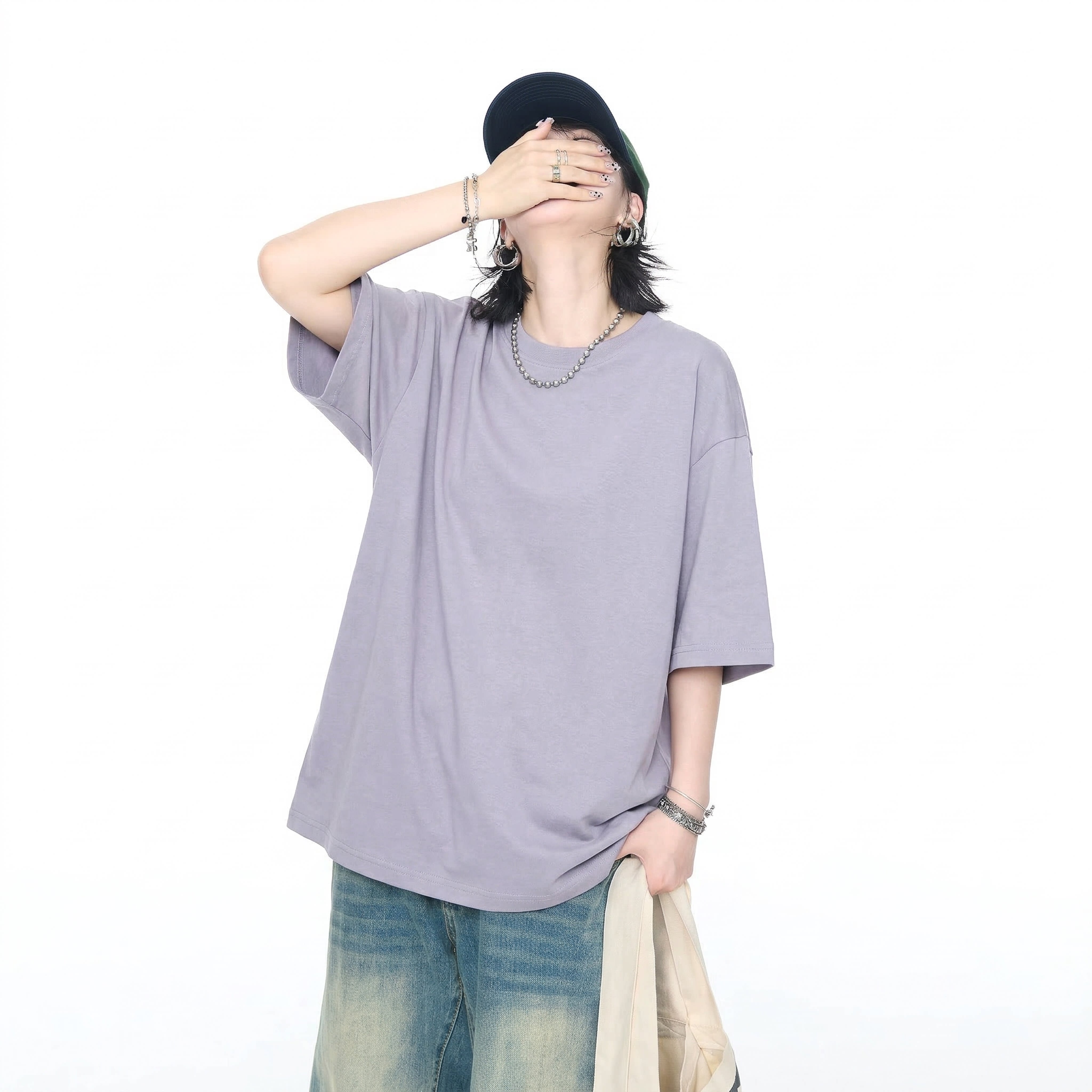 美式紫罗兰纯色t恤女短袖2026新款夏季复古百搭半袖宽松休闲上衣图片