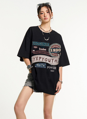 复古美式t恤女黑色夏季嘻哈潮牌oversize纯棉半袖体恤慵懒风上衣