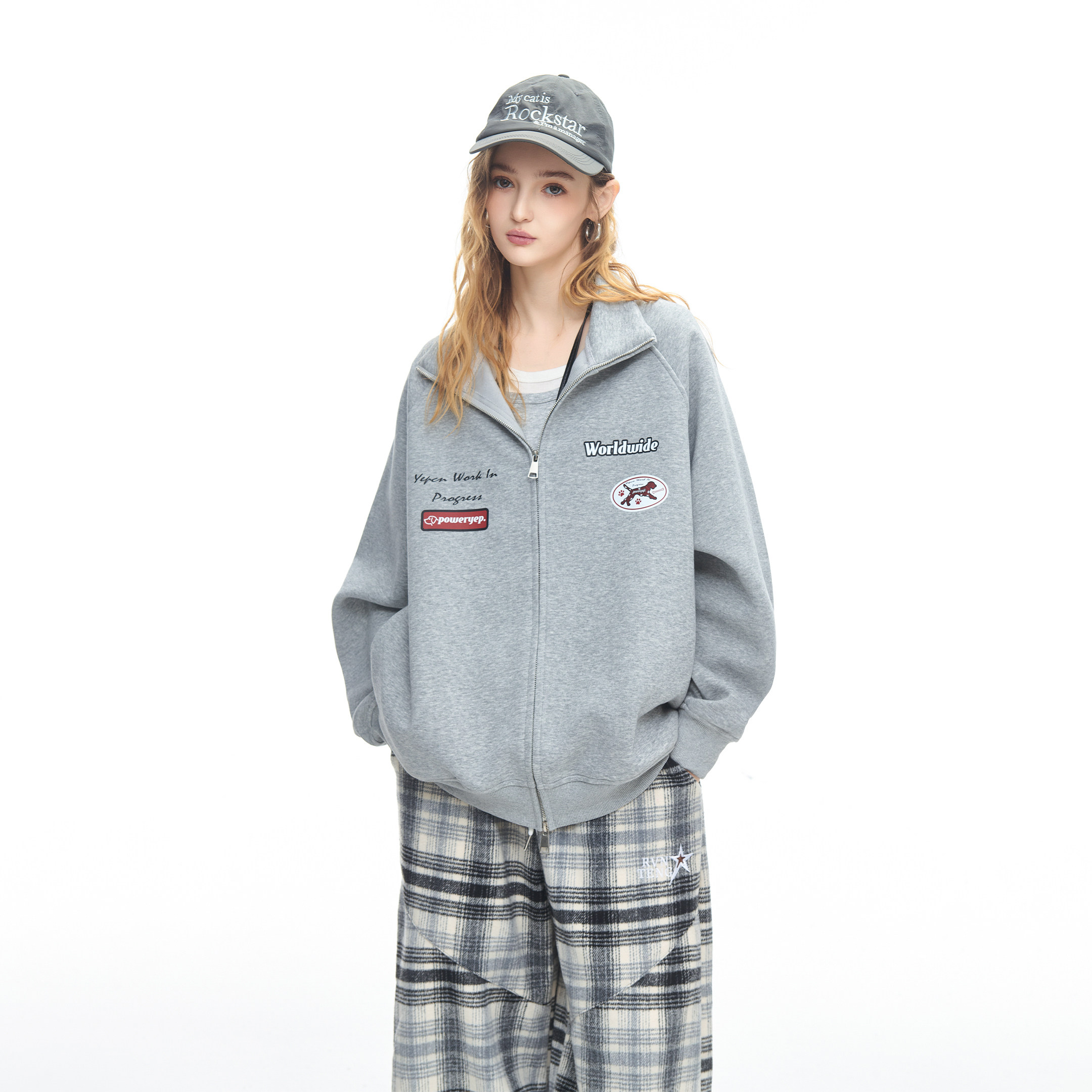 美式复古创意印花立领开衫卫衣女秋冬季新款情侣休闲运动外套上衣