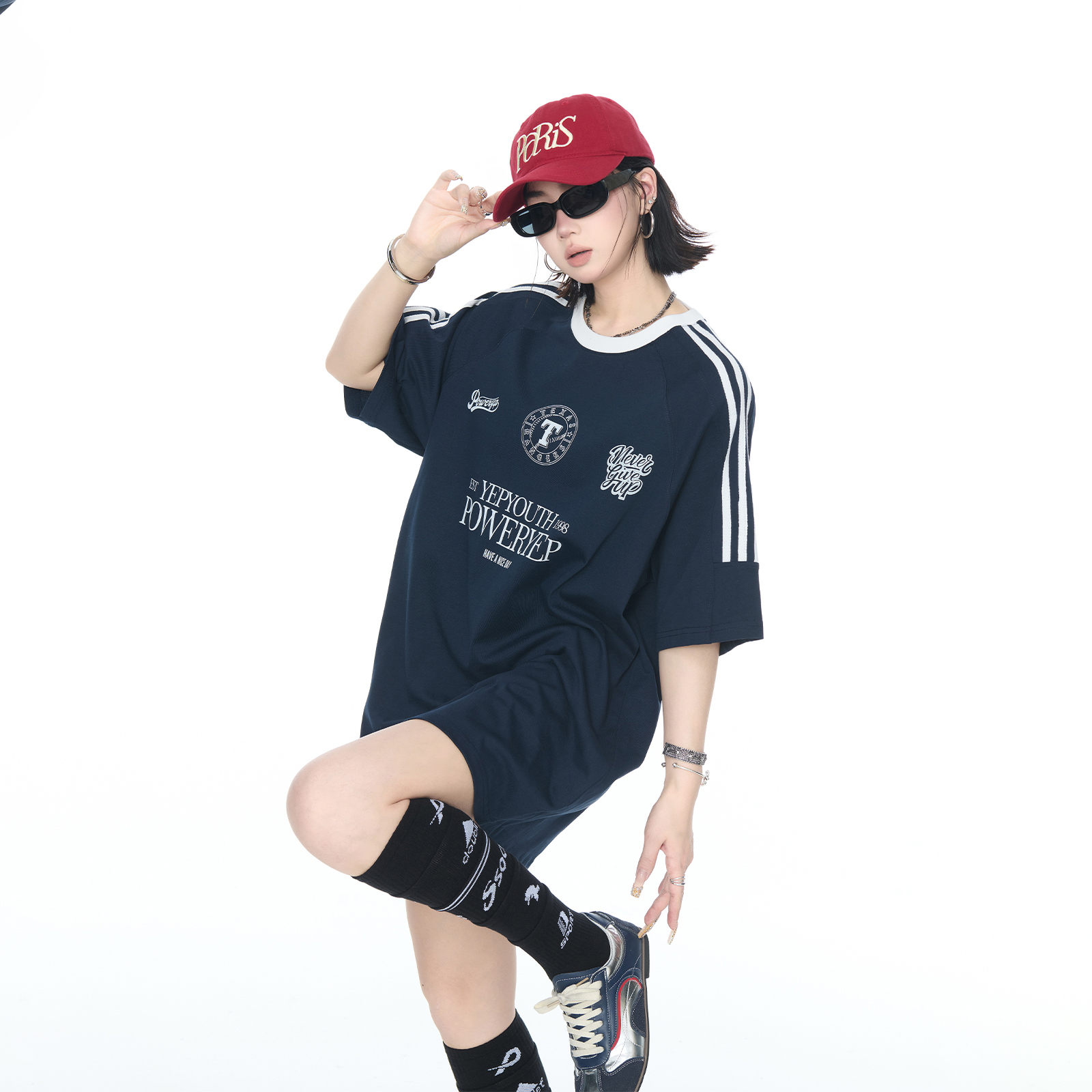 2025夏季新款撞色三道杠宽松印花短袖T恤女ins风纯棉情侣半袖上衣