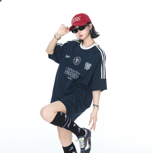 上衣 2025夏季 新款 撞色三道杠宽松印花短袖 T恤女ins风纯棉情侣半袖