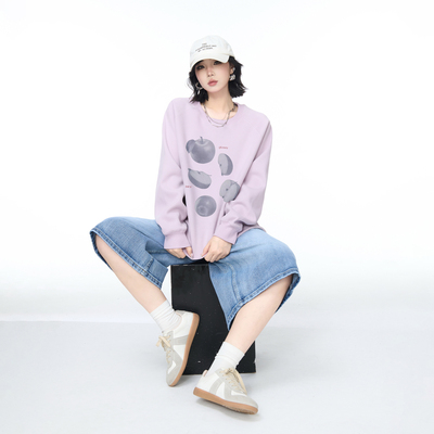 YEP春秋新款浅紫色苹果印花圆领卫衣女宽松外套美式街头套头上衣