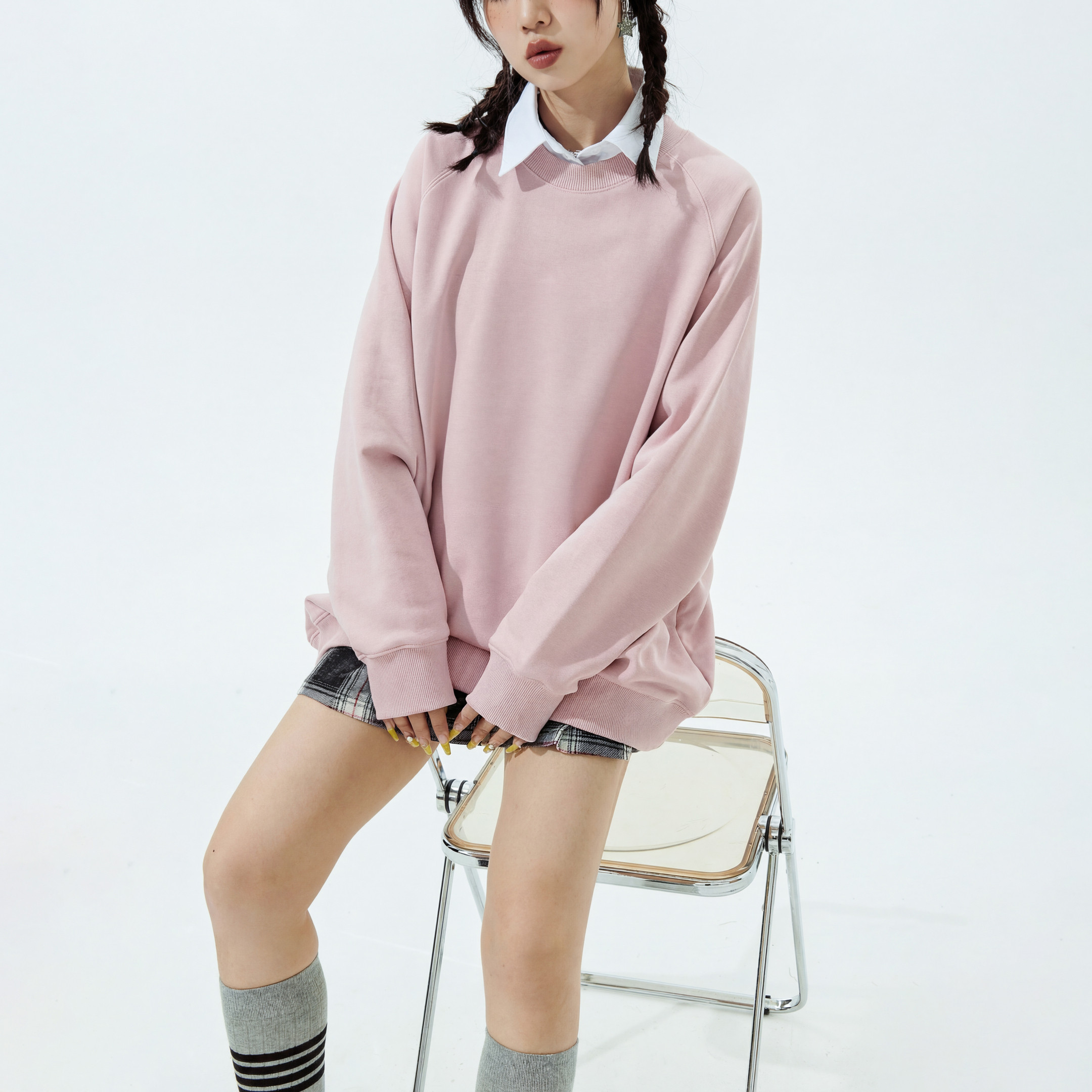 复古潮牌纯色圆领卫衣女冬装加绒2025新款插肩袖宽松套头无帽上衣,女装/女士精品,卫衣/绒衫,淘宝优惠券,粉丝福利购,淘宝优惠卷