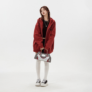 YEP美式复古酒红色连帽开衫卫衣外套女秋冬加绒加厚上衣oversize