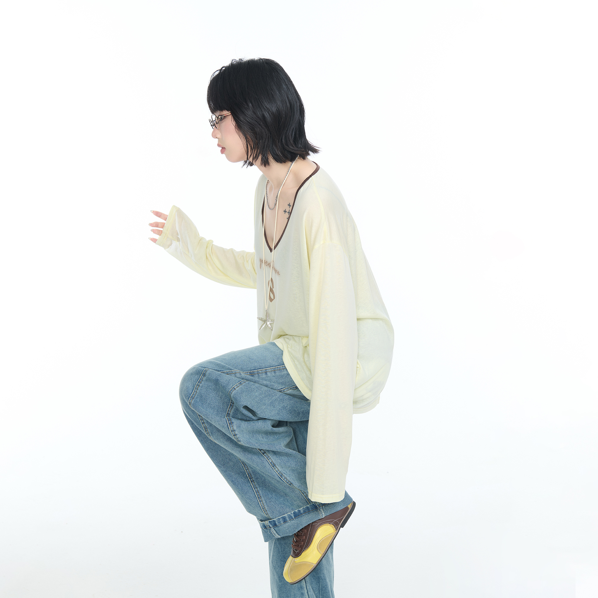 美式复古设计感微透V领印花防晒罩衫女2025夏季新款长袖T恤上衣