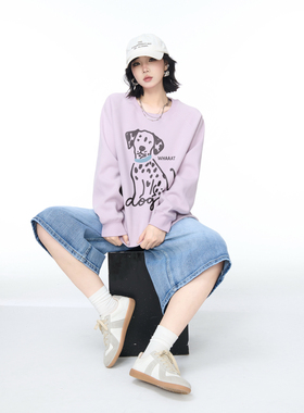 YEP春秋新款浅紫色小狗印花圆领卫衣女宽松外套美式街头套头上衣