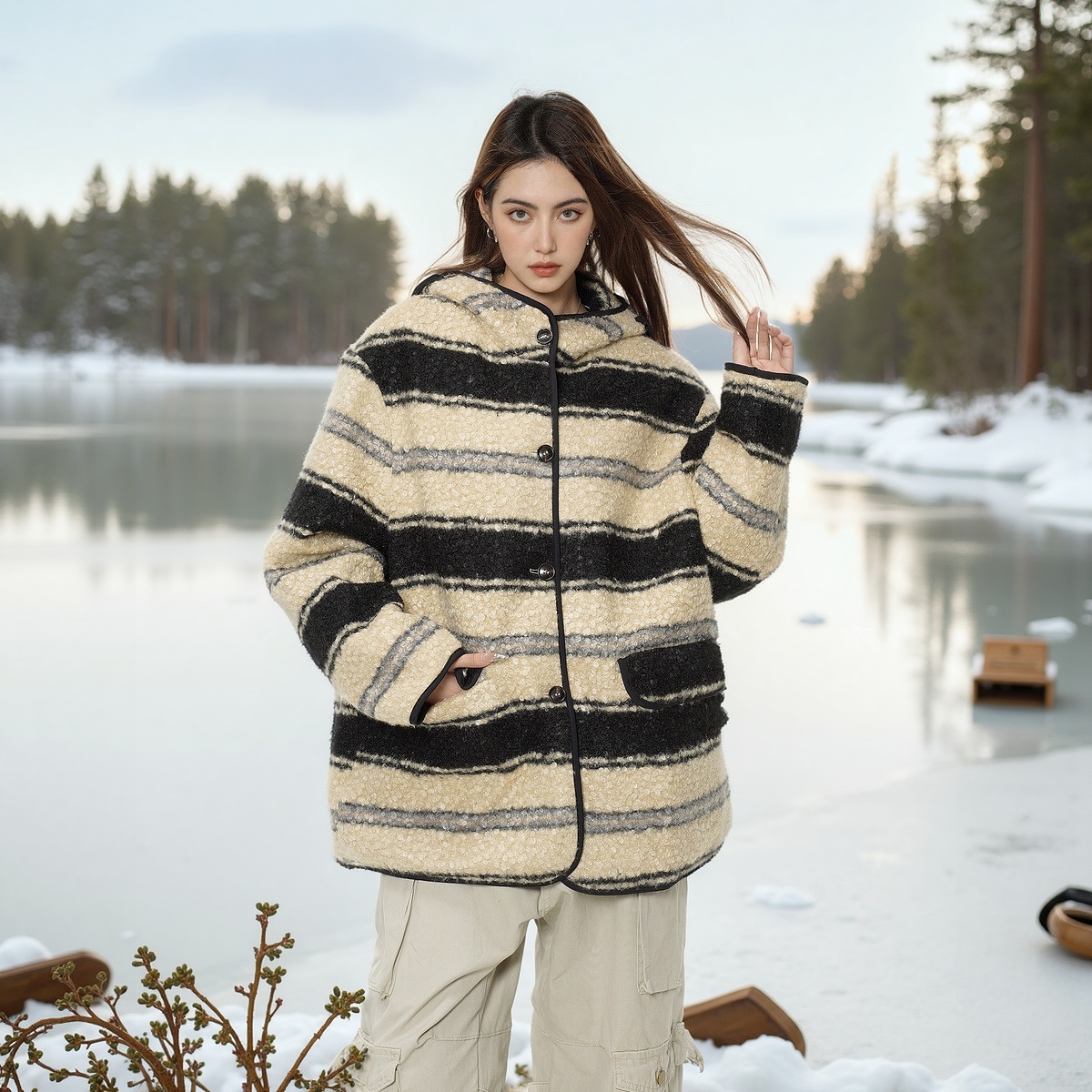 YEP复古条纹连帽棉服女冬季宽松绗棉棉衣外套毛毛棉袄清仓