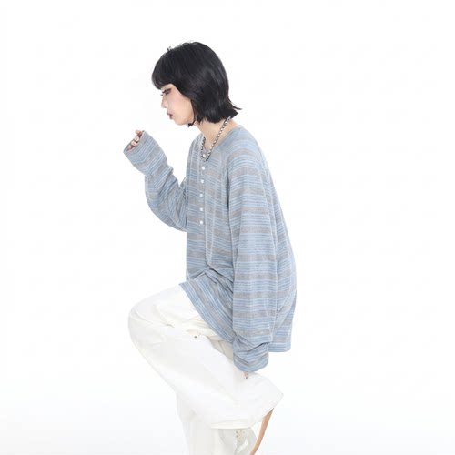 美式亨利领条纹长袖t恤女夏季新款插肩袖防晒罩衫宽松情侣装上衣