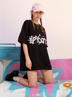 YEP国潮甜酷t恤女设计感小众黑色短袖流行设计感宽松纯棉上衣潮牌