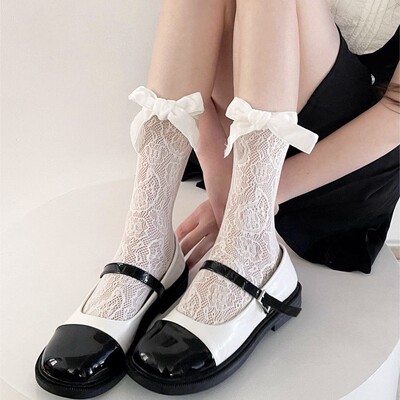 丝绒蝴蝶结袜子女春夏薄款法式蕾丝中筒袜jk堆堆袜芭蕾少女小腿袜