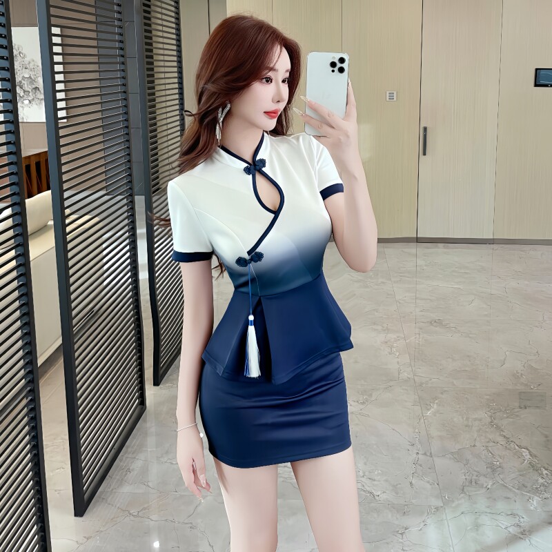 足疗店足浴技师工作服女养生spa桑拿洗浴柔式按摩性感包臀裙套装