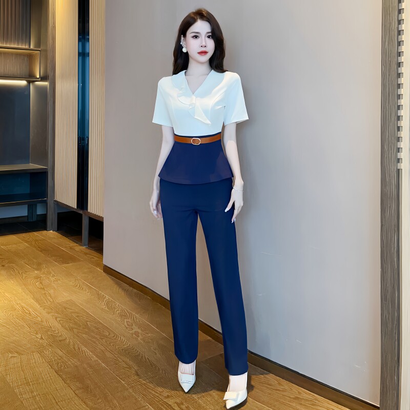 技师工作服拼色腰带两件套