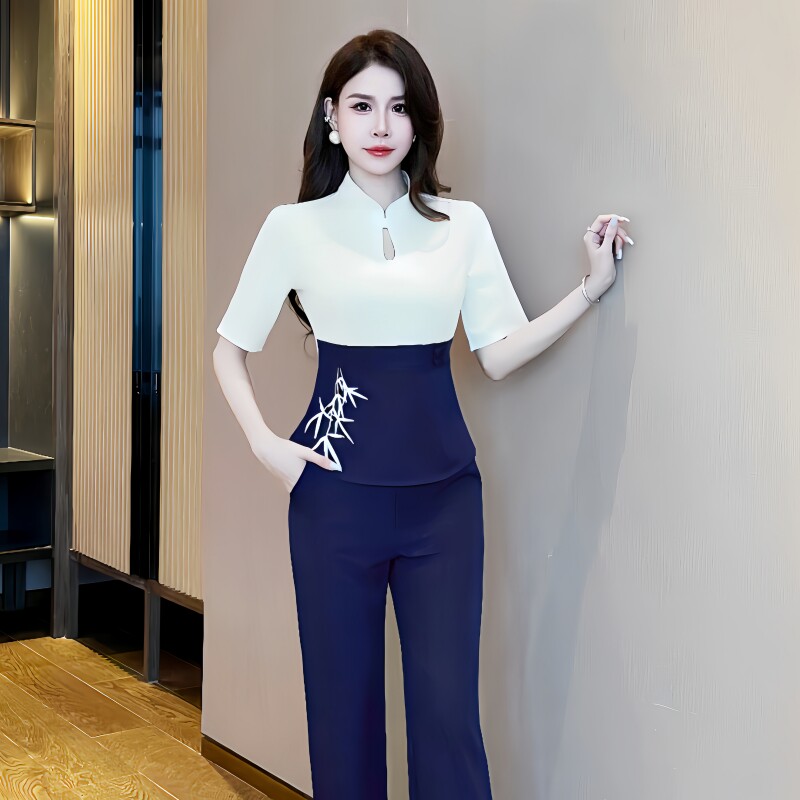 技师工作服绣花拼色两件套