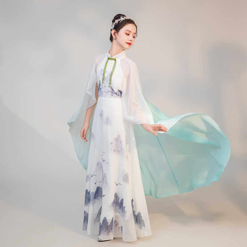 女童高端礼服渐面色弹古筝演出服中国风千里江山艺考民乐演奏礼服图片
