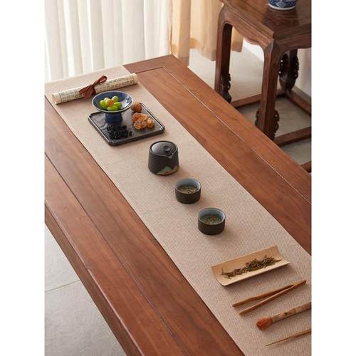亚麻桌旗轻奢高端中式禅意桌布茶席长条茶桌垫布茶艺家用可折叠