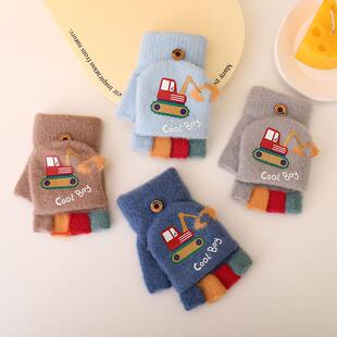 儿童防寒手套男童秋冬季新款加绒保暖御寒防冻卡通挖掘机针织手套