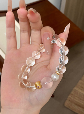 天然巴西全净体白水晶手串星光粉晶转运珠古法金暴富纳福手链女款