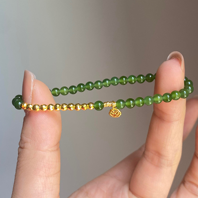 天然老矿新疆和田玉碧玉手链菠菜绿阳绿小米珠纯银镀金手串玉石女