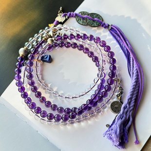 原创144道系流珠天然巴西乌拉圭紫水晶双A白水晶斜挎链手链毛衣链
